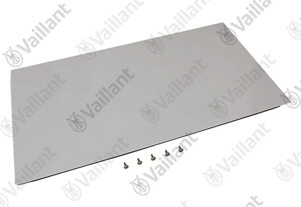 Vaillant Frontblech in grauer Farbe, flach und rechteckig, mit sechs Schrauben zur Befestigung auf einem neutralen Untergrund.